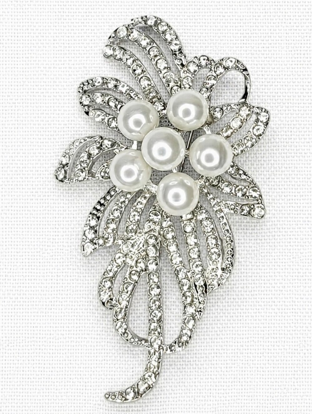 💎Vintage Rhinestone & Pearl Floral Brooch Silver Tone Statement Pin EUC